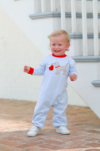Fall in love with our Infant Boys Puppy Love Romper by Trotter Street Kids! This adorable light blue striped romper features an appliqué of a sweet puppy holding a heart, perfect for your little one to cuddle up in. Show off your love for your little guy with this charming romper.