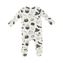 Load image into Gallery viewer, Dress your little one in spooky style with our Black &amp; White Halloween Pajama Footie! Designed by Angel Dear, this adorable pajama footie features Halloween-inspired designs in classic black and white colors. Your baby will love the softness of this material, making bedtime even more comfortable. Get your little ghoul ready for a good night&#39;s sleep! These are a snug fit!
