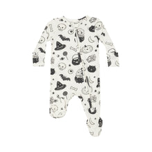 Load image into Gallery viewer, Dress your little one in spooky style with our Black &amp; White Halloween Pajama Footie! Designed by Angel Dear, this adorable pajama footie features Halloween-inspired designs in classic black and white colors. Your baby will love the softness of this material, making bedtime even more comfortable. Get your little ghoul ready for a good night&#39;s sleep! These are a snug fit!
