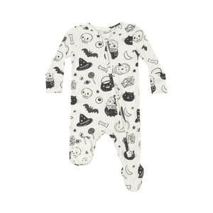 Dress your little one in spooky style with our Black &amp; White Halloween Pajama Footie! Designed by Angel Dear, this adorable pajama footie features Halloween-inspired designs in classic black and white colors. Your baby will love the softness of this material, making bedtime even more comfortable. Get your little ghoul ready for a good night's sleep! These are a snug fit!