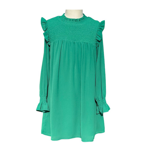 Radiate elegance and grace with our Lottie Dress in Green from Pleat. Made with a chiffon-like fabric, smocked bodice, and ruffle long sleeves, this dress is perfect for tween girls. Whether it's a special event or a day out, this versatile dress will have you looking and feeling your best this winter.