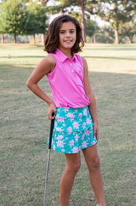 Enhance your little girl's golf game with the Girls Starboard Swing Skort in Augusta Azalea Print from Prodoh! Perfect for lessons or tournaments, this skort pairs flawlessly with the Pro Performance Sleeveless Shirt. Let her show off her stylish and sporty side on the green.