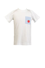 Load image into Gallery viewer, Dress your little boy in the charming Apple Pocket Shirt Short Set by The Proper Peony. The soft white Pima cotton shirt, featuring an adorable apple pocket, pairs perfectly with light blue shorts. It's not just stylish—it's incredibly comfortable, making it ideal for school days or playful adventures!
