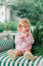 Load image into Gallery viewer, The Pink Tannenbaum Bubble by The Proper Peony delights with its soft pink Christmas pine print and crisp white ruffled collar, dressing your little girl in festive charm and timeless sweetness this holiday season.
