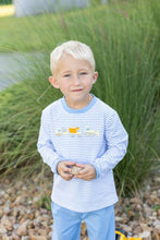 Load image into Gallery viewer, Fuel your little builder’s imagination with the Construction Trucks Pant Set by Trotter Street Kids. The cozy light blue striped top, decorated with lively construction truck appliqués, pairs perfectly with blue pants—ideal for adventurous toddlers ready to explore autumn days in style and comfort!
