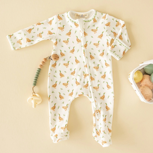 Introduce your little one to cozy comfort with this delightful Meadowland Mallards Zip Footie. Made from premium Pima cotton, it's gentle against delicate skin while keeping your baby warm and snug. The whimsical mallard duck print brings a touch of nature-inspired charm to nursery time. The innovative two-way zipper makes diaper changes and bedtime transitions effortless. 