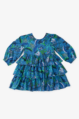 Add a touch of fun and fashion to your tween's wardrobe with the Blue Turquoise Goldie Dress. The Briton Court Goldie Dress features a beautiful floral and animal print, along with tiered ruffled skirt and bubble sleeves for a stylish and unique look. Perfect for any occasion, this dress will quickly become a go-to favorite.