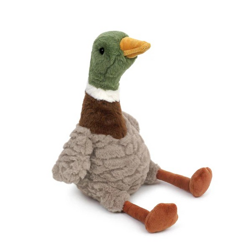 River Mallard Duck, the most charming and fluffy duck around! This plush mallard duck has all the beautiful markings of this colorful bird, with his bright green head, soft wings, and cuddly gray body, making him ready to waddle right into your heart. His long, floppy golden feet are perfect for cozy snuggles or taking a waddle around the house. Always ready for adventure or a lazy day by the pond, River Mallard Duck is the ultimate feathered friend to bring fun and whimsy to playtime. Measures 15 in / 38 c