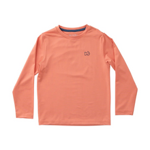 Load image into Gallery viewer, Let your little adventurer embrace the great outdoors in style with our Kid&#39;s Pro Performance Long Sleeve T-shirt in Soft Orange with Deer Head and Antlers. Hand painted deer graphic with antlers and the phrase &quot;An Outdoor Tradition&quot;, this shirt honors the spirit of nature while keeping kids cool and protected from the sun. Great for family hikes, school field trips, and weekends at the lake!

