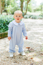 Load image into Gallery viewer, The Henry Romper by Jellybean wraps your little boy in soft, light blue stripes and a charming white Peter Pan collar, combining timeless style with all-day comfort. Perfect for sunny days or special moments, it brings classic charm to every tiny adventure!

