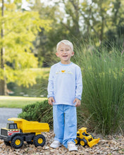 Load image into Gallery viewer, Fuel your little builder’s imagination with the Construction Trucks Pant Set by Trotter Street Kids. The cozy light blue striped top, decorated with lively construction truck appliqués, pairs perfectly with blue pants—ideal for adventurous toddlers ready to explore autumn days in style and comfort!
