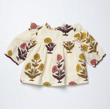 Load image into Gallery viewer, Pink Chicken’s Girls Kalani Button Up Top in Harvest Dandelion brings a fresh, cream-colored canvas alive with a vibrant multicolored block print. This charming blouse, designed for tween girls, adds effortless style and pairs beautifully with jeans for a confident, radiant look.
