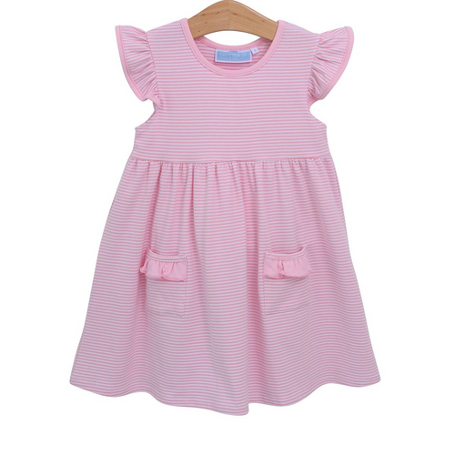 Introducing the Lucy Dress by Trotter Street Kids! This adorable everyday play dress is perfect for toddler girls. Made with soft cotton, it features a charming pink and white stripe pattern with pops of rufflle detail. Dress your little one in comfort and style.