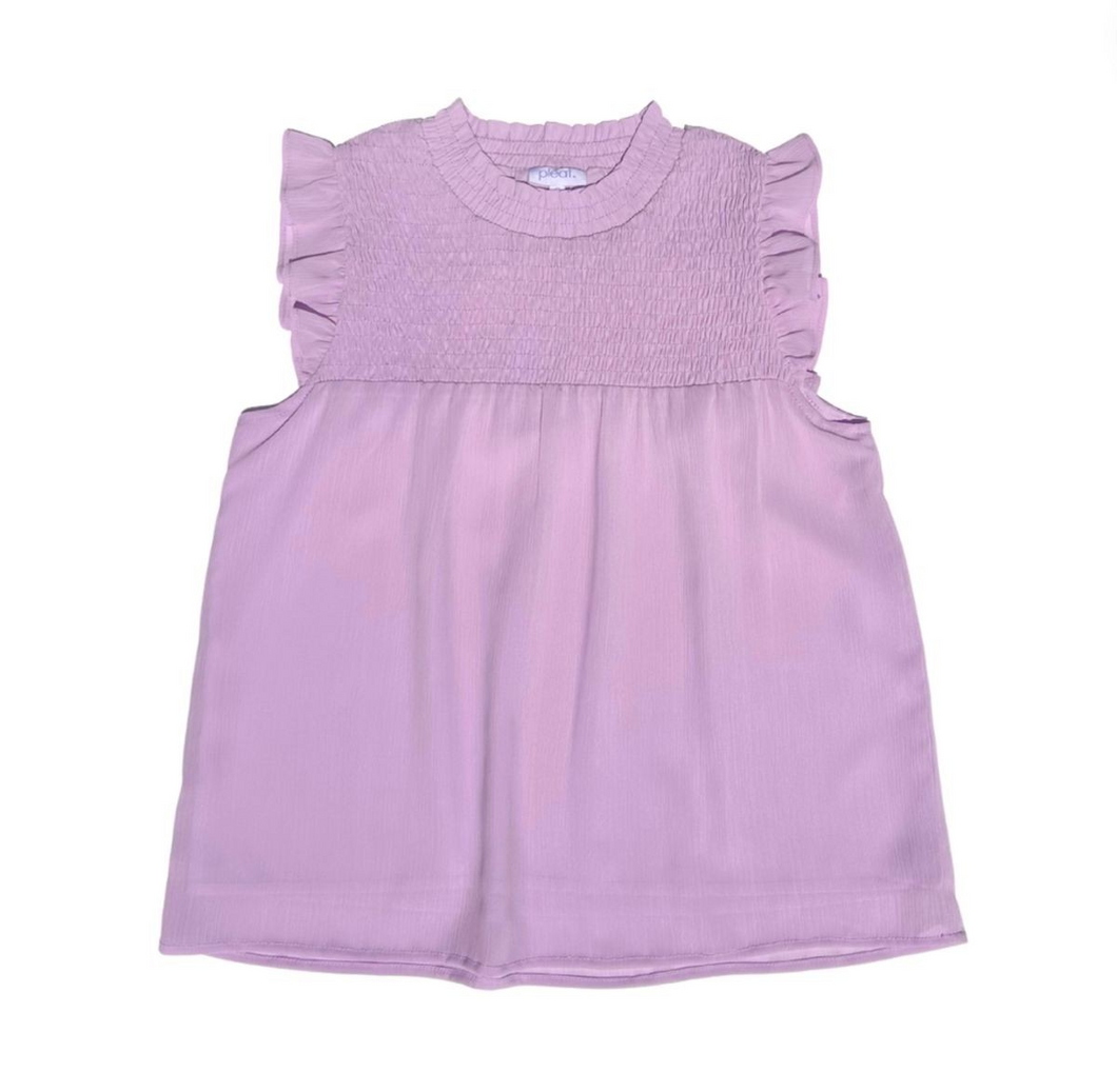 The Annie Top in Lilac from Pleat is the perfect addition to any tween girl's wardrobe. Made with lightweight chiffon material, it features a smocked top and ruffle sleeves for a touch of feminine charm. Versatile enough to be paired with shorts or jeans for a casual look, or with one of our tiered skirts for a dressier ensemble. Elevate your style with Pleat!