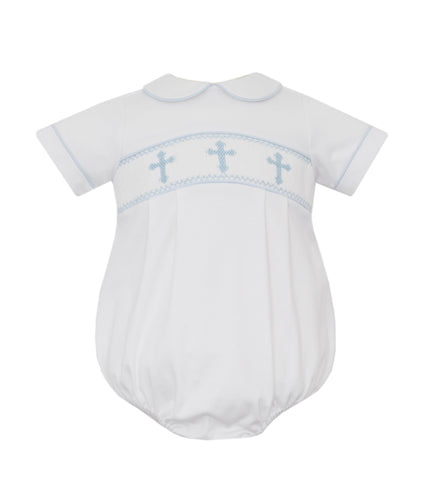 Wrap your little one in comfort and style with our Infant Boy's Knit Cross Bubble by Petit Bebe! This adorable white knit bubble features a charming blue cross smocking, making it the perfect addition to your baby's wardrobe. Soft and cozy, it's perfect for any occasion.