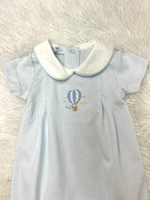Load image into Gallery viewer, Blue Giraffe in the Sky Hand Embroidery Bubble from Baby Loren is crafted from luxuriously soft Pima cotton, this whimsical piece features delicate hand-embroidered details of a hot air balloon and giraffe floating across a serene sky. The timeless Peter Pan collar adds vintage charm and elegance to this one-of-a-kind design. 
