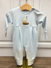 Load image into Gallery viewer, Let your little one set sail in style with this Infant Boy&#39;s Blue Bear Sailing Romper by Squiggles! Featuring an adorable bear sailing appliqué, this soft blue romper is perfect for any adventure. Made with comfort and cuteness in mind, it&#39;s a must-have for your little sailor!
