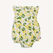 Load image into Gallery viewer, Simply the Zest Lemon Romper brings effortless style and function together. This cheerful lemon-print bubble romper from Magnetic Me features strategically placed magnets at the back and bottom, transforming diaper changes and quick outfit swaps into a breeze. Crafted from luxuriously soft modal fabric, it offers generous room for active movement without sacrificing elegance.&nbsp;
