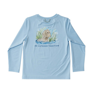 It's no secret that PRODOH&nbsp;Kids Pro Performance Long Sleeve Fishing T-shirt in Clear Sky Blue Boykin Spaniel&nbsp;artwork sells out super fast! With custom artwork on the back of each performance t-shirt it's no wonder PRODOH tees are a favorite with toddlers, kids, and youth boys and girls. Fabric is UV protective, fast drying, pill-resistant and soft on the skin!! Available in sizes 4t- 12/14.

UPF 50+ 90% Polyester 10% Lycra
Fast Drying
Pill Resistant
Machine Washable
Designed in the USA and Importe