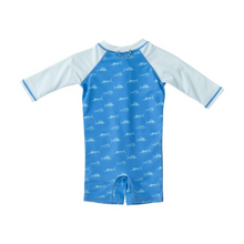 Load image into Gallery viewer, Our Lil Reef Baby Rashguard Swimsuit in Fish Print on Marina Blue is made of soft, itch free fabric that babies and Moms crave! Baby swimwear available in sizes 3 Month - 24 Month.

UPF 50+ 82% Nylon 18% Spandex
Machine Washable
Designed in the USA and Imported
PRODOH Signature &quot;Get Back Here Loop&quot;
