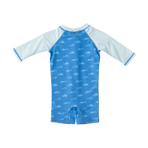 Our Lil Reef Baby Rashguard Swimsuit in Fish Print on Marina Blue is made of soft, itch free fabric that babies and Moms crave! Baby swimwear available in sizes 3 Month - 24 Month.

UPF 50+ 82% Nylon 18% Spandex
Machine Washable
Designed in the USA and Imported
PRODOH Signature "Get Back Here Loop"