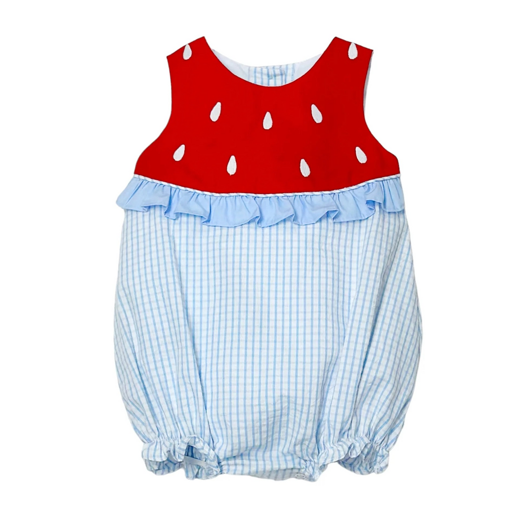 This irresistible Infant GIrl's Hayden Watermelon Bubble from Zuccini Kids showcases a classic blue and white check pattern, beautifully complemented by a charming watermelon appliqué and ruffle detail. Perfect for summer outings, family photos, or special occasions, this adorable bubble will keep your little one looking stylish while staying comfortable in the warm weather. Don't miss the chance to dress your baby in this season's most delightful summer essential! Sibling matches available!