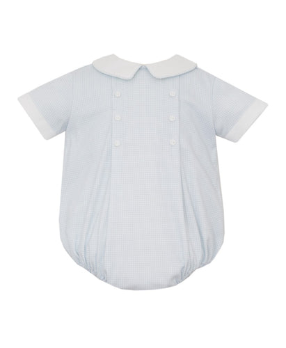 Introducing the Blue Gingham Infant Boy’s Bubble by Petit Bebe. Made with a light blue mini gingham print, this bubble is perfect for your little one. Stay stylish while keeping your baby comfortable.