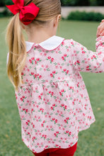 Load image into Gallery viewer, The Proper Peony’s Zinnia Blooms Tunic Set brings radiant red zinnias to life on a soft, light pink knit tunic paired with vibrant red leggings. Designed for infant girls, this set blends comfort and festive charm, making winter holidays unforgettable and effortlessly joyful!
