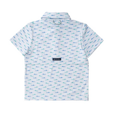 Load image into Gallery viewer, No matter the adventure, your boys will be ready in these fast-drying, UV-protective,&nbsp;boys&#39; short-sleeve pro performance polo shirts in Fish Print on White. Our boys&#39; polos keep moisture out with wicking technology, breathable fabric, and the signature vented back. PRODOH polo shirts are perfect for golf, tennis, country clubbing, or cruising the coast.&nbsp;

UPF 50 95% Polyester 5% Lycra
100% Polyester Mesh Liner
Collar Interfacing for Structure
3 Button Placket/Extra Button Included
Vented Back
Mach

