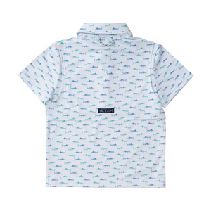 No matter the adventure, your boys will be ready in these fast-drying, UV-protective,&nbsp;boys' short-sleeve pro performance polo shirts in Fish Print on White. Our boys' polos keep moisture out with wicking technology, breathable fabric, and the signature vented back. PRODOH polo shirts are perfect for golf, tennis, country clubbing, or cruising the coast.&nbsp;

UPF 50 95% Polyester 5% Lycra
100% Polyester Mesh Liner
Collar Interfacing for Structure
3 Button Placket/Extra Button Included
Vented Back
Mach
