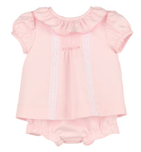 Load image into Gallery viewer, Dress your baby girl in timeless elegance with the Infant Girls Pintuck Lace Bishop in pink. This classic dress features delicate pintuck detailing and lace accents, creating a refined look perfect for special occasions. Soft and comfortable, it highlights your little one’s charm while ensuring she feels cozy. Ideal for celebrations or photo moments, this dress makes every event memorable. Includes matching bloomers.
