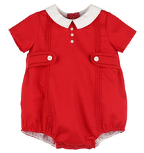 Load image into Gallery viewer, Dress your infant boy in timeless holiday charm with the Infant Boys Classic Tab Bubble from Luli &amp; Me. Featuring a classic silhouette, a crisp white Peter Pan collar, and delicate white button details, this outfit offers both comfort and style for festive occasions. Perfect for Christmas celebrations, it ensures your little one looks adorable while staying cozy.
