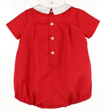 Load image into Gallery viewer, Dress your infant boy in timeless holiday charm with the Infant Boys Classic Tab Bubble from Luli &amp; Me. Featuring a classic silhouette, a crisp white Peter Pan collar, and delicate white button details, this outfit offers both comfort and style for festive occasions. Perfect for Christmas celebrations, it ensures your little one looks adorable while staying cozy.
