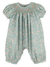 Load image into Gallery viewer, Dress your little one in timeless elegance with the Winter Blooms Aqua Bishop Bubble from Luli &amp; Me. Featuring a delicate floral pattern, a smocked bishop neckline, and intricate embroidered details, this long bubble combines classic style with all-day comfort. Perfect for special occasions, it ensures your child looks charming while feeling cozy and free to move.
