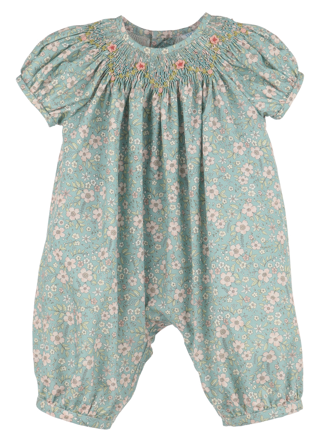 Dress your little one in timeless elegance with the Winter Blooms Aqua Bishop Bubble from Luli & Me. Featuring a delicate floral pattern, a smocked bishop neckline, and intricate embroidered details, this long bubble combines classic style with all-day comfort. Perfect for special occasions, it ensures your child looks charming while feeling cozy and free to move.