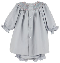Load image into Gallery viewer, Dress your little one in timeless elegance with the Infant Girls Hydrangea Smocked Bishop by Luli &amp; Me. Featuring exquisite smocking and delicate embroidery along the bishop neckline, this dress adds a touch of sophistication to any fall occasion. Paired perfectly with the matching diaper cover, it ensures comfort without compromising style. Ideal for special events, this charming outfit highlights your infant’s natural beauty while keeping her cozy and looking adorable.
