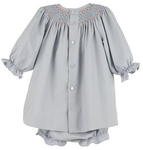 Dress your little one in timeless elegance with the Infant Girls Hydrangea Smocked Bishop by Luli &amp; Me. Featuring exquisite smocking and delicate embroidery along the bishop neckline, this dress adds a touch of sophistication to any fall occasion. Paired perfectly with the matching diaper cover, it ensures comfort without compromising style. Ideal for special events, this charming outfit highlights your infant’s natural beauty while keeping her cozy and looking adorable.