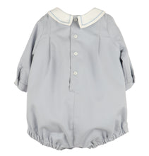 Load image into Gallery viewer, Crafted for timeless charm, this Infant Boys Dusty Blue Smocked Bubble features a classic Peter Pan collar with delicate embroidered borders. The front showcases hand-smocked embroidery, adding a refined touch perfect for special occasions or memorable photo milestones.
