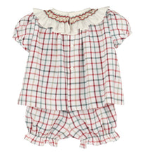 Load image into Gallery viewer, Dress your little one in timeless charm with the Tattersall Smocked Float &amp; Diaper Set from Luli &amp; Me. Featuring a delicate smocked, ruffle collar and cozy fall plaid, this set combines classic style with comfort, making it ideal for any autumn occasion. Perfectly designed for infant girls, it ensures she looks adorable while staying comfortable throughout the day.
