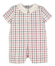 Load image into Gallery viewer, Dress your little one in timeless charm with the Tattersall Plaid Romper from Luli &amp; Me. Featuring a classic collar and cozy fall plaid, this set combines classic style with comfort, making it ideal for any autumn occasion. Perfectly designed for infant boys, it ensures he looks adorable while staying comfortable throughout the day.
