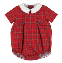 Load image into Gallery viewer, Dress your infant boy in timeless holiday charm with the Infant Boys Stitches Check Bubble from Luli &amp; Me. Featuring a classic silhouette, a crisp white Peter Pan collar, and delicate white button details, this outfit offers both comfort and style for festive occasions with it&#39;s red and navy plaid. Perfect for Christmas celebrations, it ensures your little one looks adorable while staying cozy.
