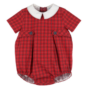 Dress your infant boy in timeless holiday charm with the Infant Boys Stitches Check Bubble from Luli &amp; Me. Featuring a classic silhouette, a crisp white Peter Pan collar, and delicate white button details, this outfit offers both comfort and style for festive occasions with it's red and navy plaid. Perfect for Christmas celebrations, it ensures your little one looks adorable while staying cozy.