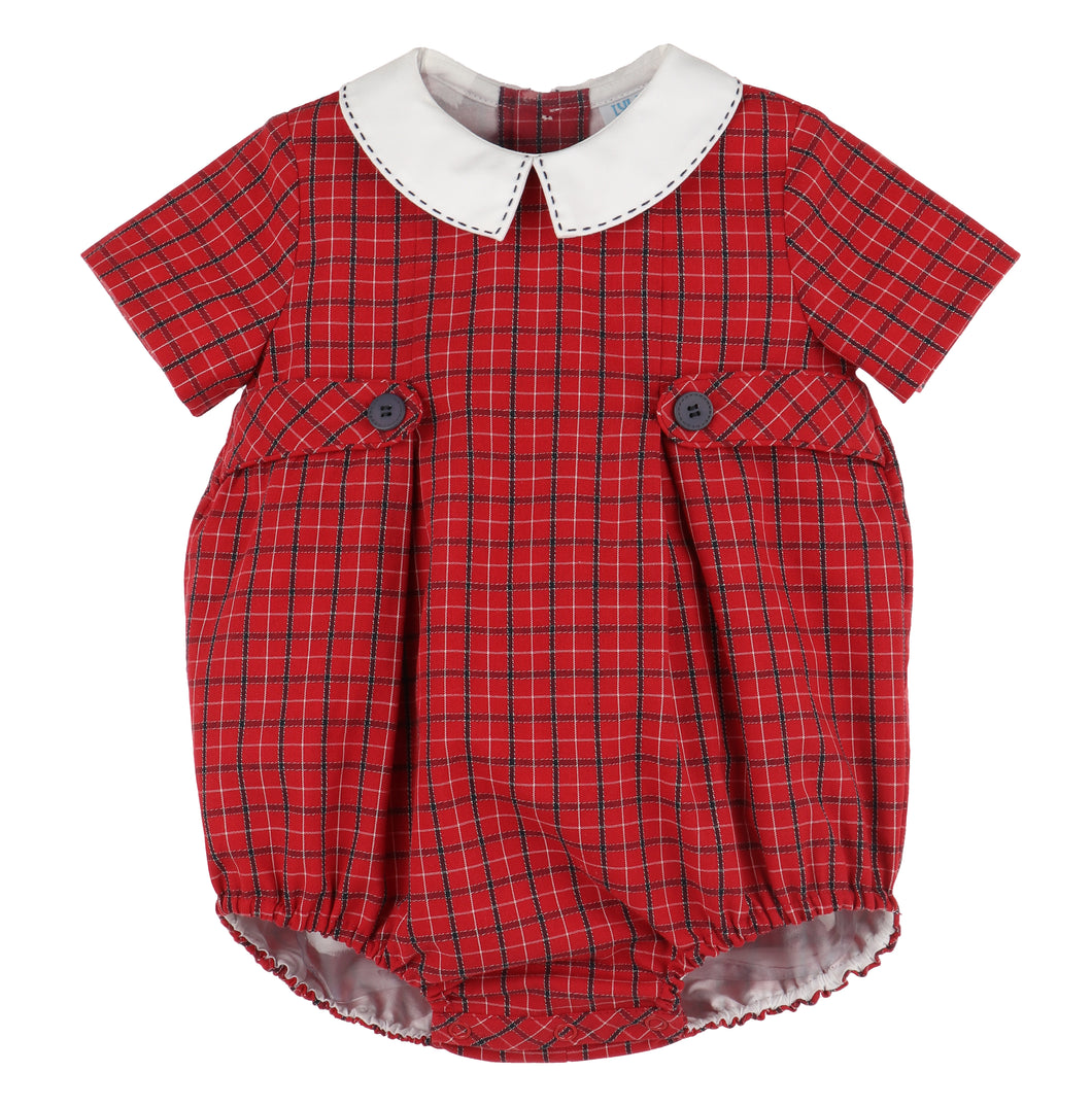 Dress your infant boy in timeless holiday charm with the Infant Boys Stitches Check Bubble from Luli & Me. Featuring a classic silhouette, a crisp white Peter Pan collar, and delicate white button details, this outfit offers both comfort and style for festive occasions with it's red and navy plaid. Perfect for Christmas celebrations, it ensures your little one looks adorable while staying cozy.