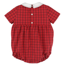 Load image into Gallery viewer, Dress your infant boy in timeless holiday charm with the Infant Boys Stitches Check Bubble from Luli &amp; Me. Featuring a classic silhouette, a crisp white Peter Pan collar, and delicate white button details, this outfit offers both comfort and style for festive occasions with it&#39;s red and navy plaid. Perfect for Christmas celebrations, it ensures your little one looks adorable while staying cozy.
