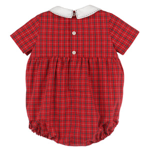 Dress your infant boy in timeless holiday charm with the Infant Boys Stitches Check Bubble from Luli &amp; Me. Featuring a classic silhouette, a crisp white Peter Pan collar, and delicate white button details, this outfit offers both comfort and style for festive occasions with it's red and navy plaid. Perfect for Christmas celebrations, it ensures your little one looks adorable while staying cozy.