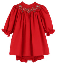 Load image into Gallery viewer, Dress your little one in timeless charm with the Infant Girls Merry &amp; Bright Smocked Bishop Dress from Luli &amp; Me. This bright red bishop dress features delicate hand smocking and embroidery on the neckline, adding a touch of classic elegance. Complete with a matching diaper cover, it ensures both style and comfort for your infant. Perfect for special occasions or festive moments, this dress makes your baby shine with joyful brightness.

