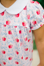 Load image into Gallery viewer, Dress your little one in the enchanting Apple Blossoms Bloomer Set by The Proper Peony. This delightful ensemble features charming apple and bow prints, complemented by a soft white Peter Pan collar. Crafted from luxurious Pima cotton, it offers unmatched comfort—perfect for those memorable first school days!
