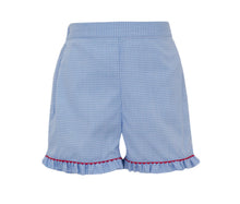 Load image into Gallery viewer, The Girl's Smocked Flags Short Set by Anavini is the perfect summer outfit for your little one. The blue knit tee with red trim and charming flag smocking adds a touch of patriotic flair, while the periwinkle blue gingham shorts provide comfort and style. It's a must-have for any fashionable and patriotic girl!
