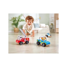 Load image into Gallery viewer, Pick one or all of these amazing handheld vehicles with their own driver.

Red Racecar
Blue Racecar
Firetruck
Police Car
Bulldozer
Digger

Articulated digger arms, bulldozer bucket and fire truck ladders are featured on different vehicles.&nbsp;

The animal drivers&#39; heads rotate for enhanced play!

Each sold separately.
