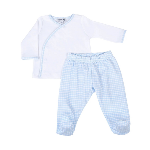 Dress your little one in cozy comfort with the Magnolia Baby New Beginnings Kimono Footed Pant Set in Blue. This adorable set, crafted from luxurious Pima Cotton, features a soft white kimono-style top with delicate blue minicheck trim and ties, paired with matching blue minicheck footed pants. Designed for easy dressing and all-day comfort, it's perfect for restful moments or gentle play.
